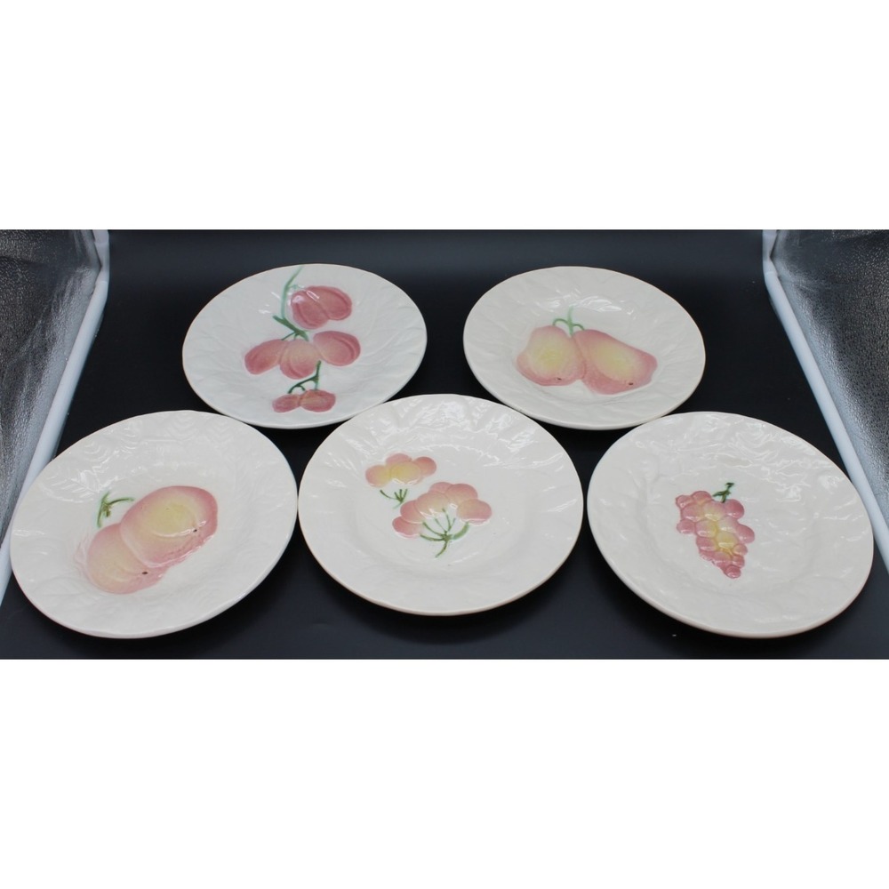 Vintage St Clement Luneville French 5 Embossed Fruit Salad Plates Hand Painted